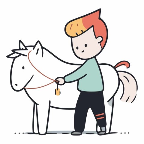 Little boy playing with a white horse. Cute vector illustration.