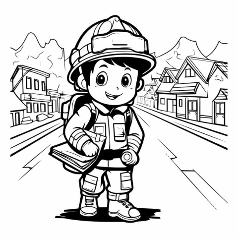 Black and White Cartoon Illustration of Kid Boy Builder or Firem