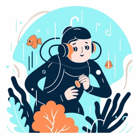 Vector illustration of a young man in scuba diving suit listenin