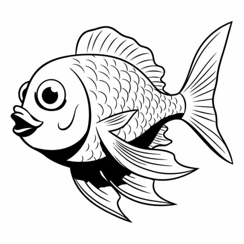 Illustration of a Cute Fish - Black and White Cartoon Style