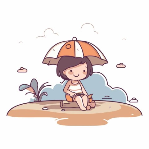 cute little girl with umbrella in the beach cartoon vector illus