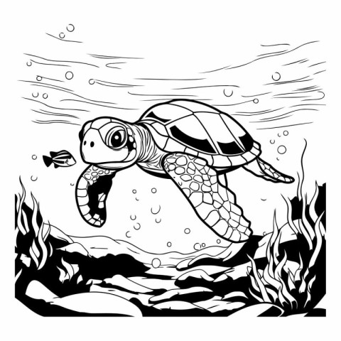 Turtle swimming in the sea. Black and white vector illustration.