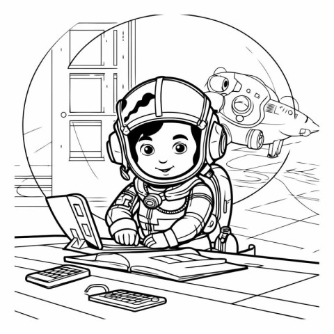 Cartoon astronaut with laptop and rocket for coloring book.