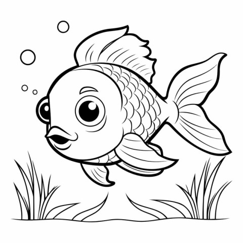 Black and White Cartoon Illustration of Cute Fish Animal Charact