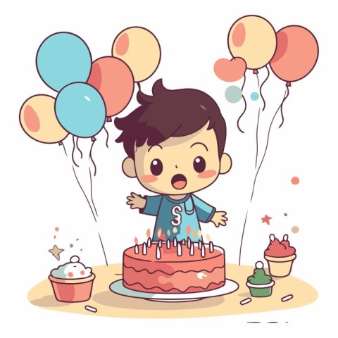 Cute boy with birthday cake and balloons. Vector cartoon illustr