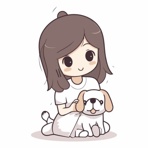 Cute girl with a dog on white background.