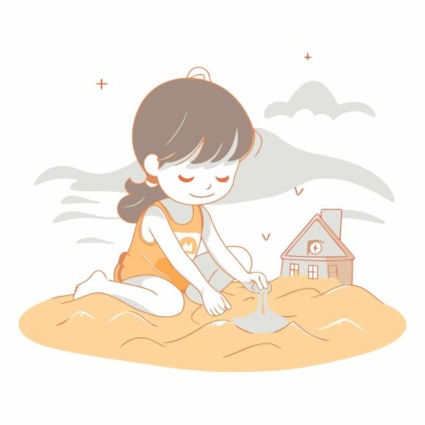 Girl playing in the sand with a toy house.