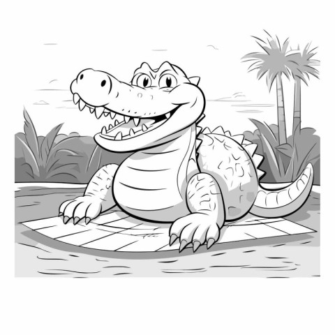 Crocodile in the park. Black and white vector illustration