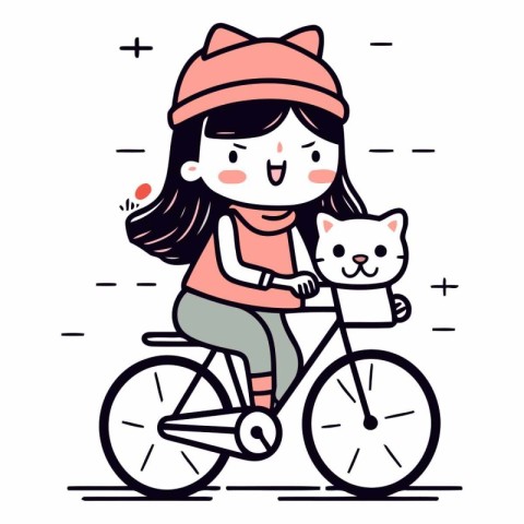 Cute girl riding a bike with her cat.