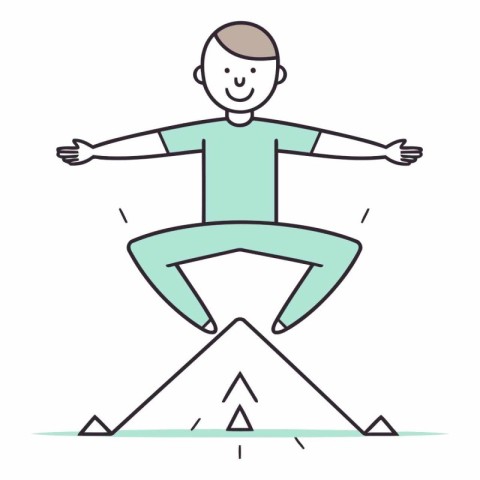 Vector illustration of a man jumping on the mountain. Linear sty