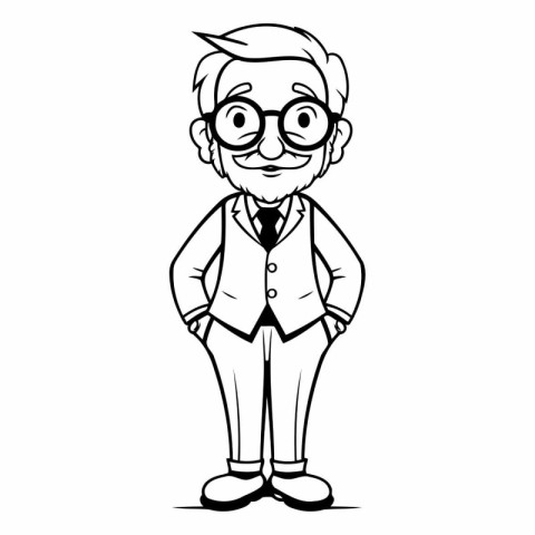 Grandfather Cartoon Character - Black and White Vector Illustrat