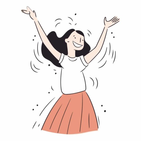 Happy young woman with raised hands in cartoon style.