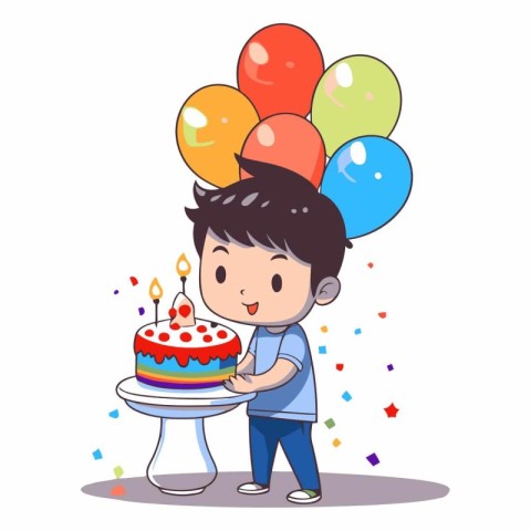 Cute boy with birthday cake and balloons.