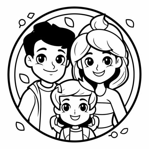 Happy family. Black and white vector illustration for coloring b