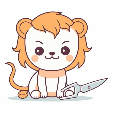 Cute little lion with a knife in cartoon style.