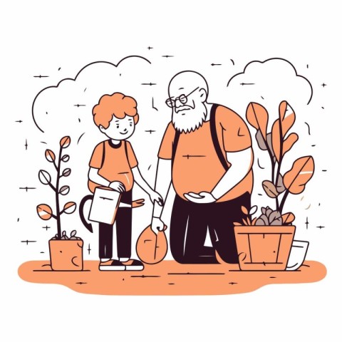 Grandfather and grandson gardening in line art style.