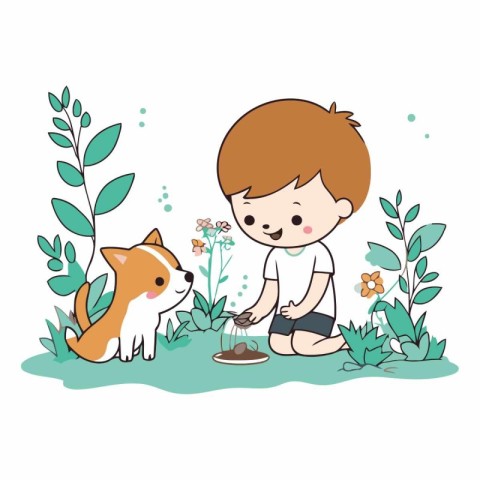 cute little boy playing with dog in the garden vector illustrati