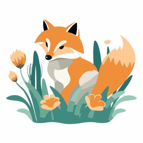 Cute fox in the meadow with flowers.