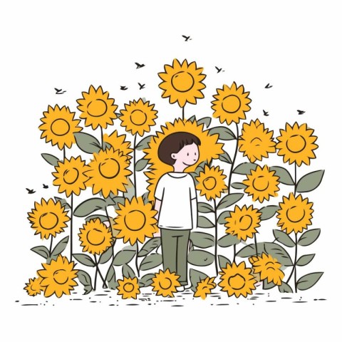 Girl and sunflowers in a flat style.