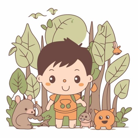 Cute little boy and animals in the forest.