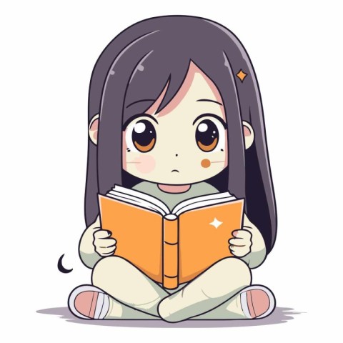 Cute little girl reading a book in cartoon style.