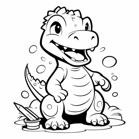 Black and White Cartoon Illustration of Cute Dinosaur Character