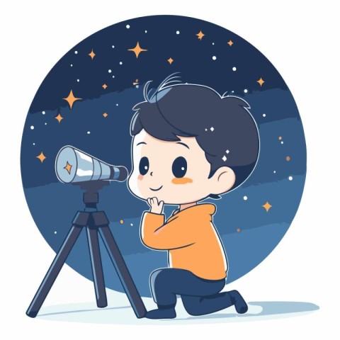 Cute boy looking through telescope on starry night.