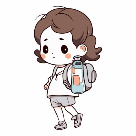 Boy going to school with backpack and water bottle.