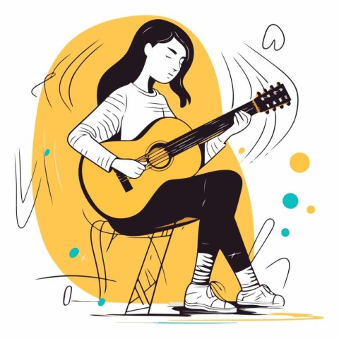 Vector illustration of a girl playing the guitar on a yellow bac