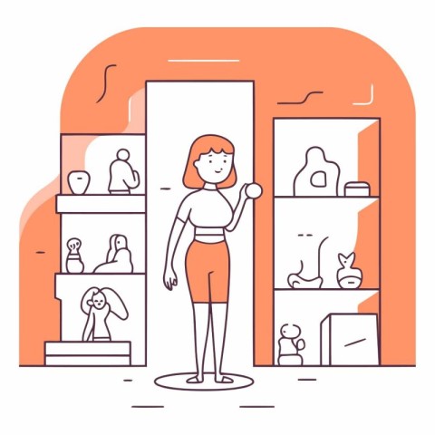 Woman with dumbbells in the bathroom. Linear vector illustration