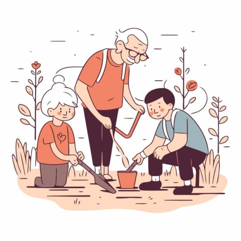 Elderly people gardening. Grandfather. grandmother and grandson