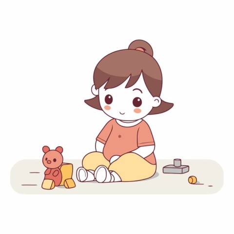 Cute little girl playing with toys in cartoon style.