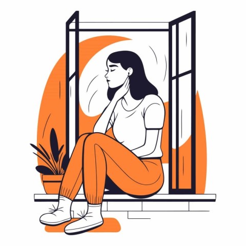 Sad woman sitting in front of the window in flat style