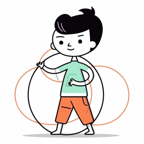 Boy playing jumping rope in cartoon style on white background.