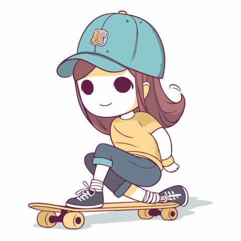 Illustration of a Cute Little Girl Skating on a Skateboard