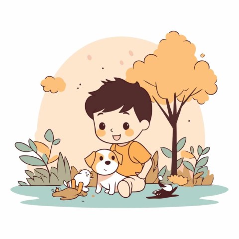 cute little boy with dog and cat in the park vector illustration