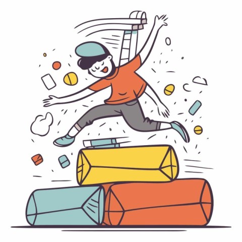 Vector illustration of a boy jumping from a pile of books. Line