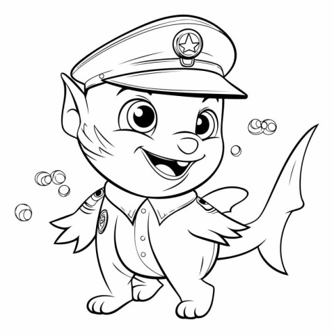 Black and White Cartoon Illustration of Cute Little Shark Captai