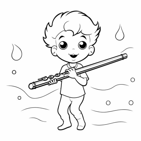 Cute boy playing flute for coloring book.