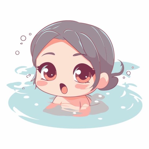 Cute little girl in the swimming pool. Cartoon style.