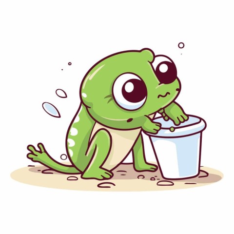 Cute cartoon frog with a bucket of water.