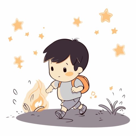 Illustration of a Cute Boy Running to the Fire with a Backpack