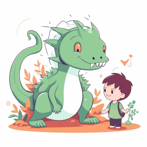 Cute little boy playing with a dragon in cartoon style.