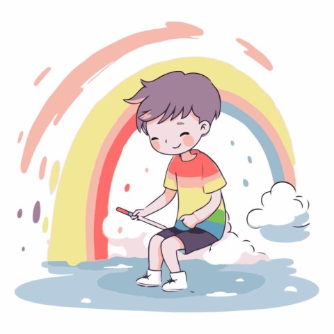 Cute little boy playing in the rain. cartoon vector illustration