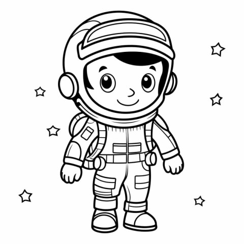 Black and White Cartoon Illustration of Kid Astronaut Character