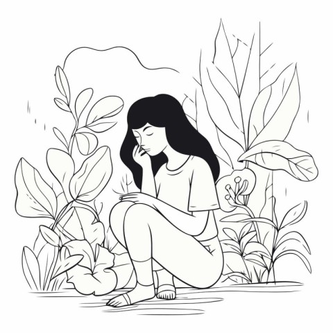 Vector illustration of a girl sitting on the ground in the garde