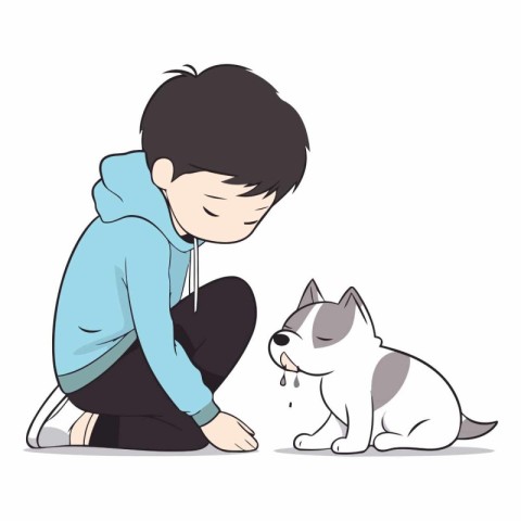 Boy and dog sitting on the floor in cartoon style.