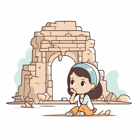 Illustration of a Cute Little Girl in Front of the Temple