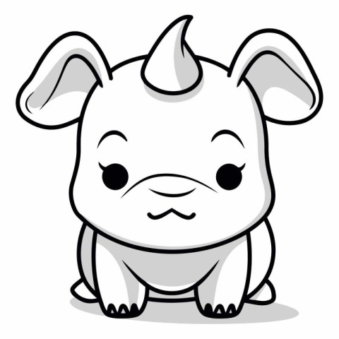 Cute Cartoon Rhinoceros - Black and White Vector Illustration