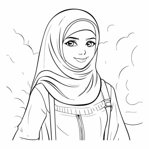 Beautiful muslim woman in hijab. Black and white vector illustra